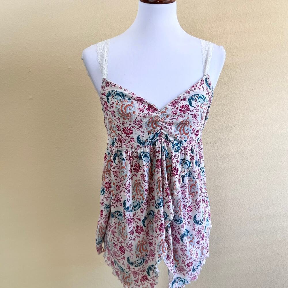 Anthropologie Cream Paisley Spaghetti Strap Tank with Teal & Burgundy
